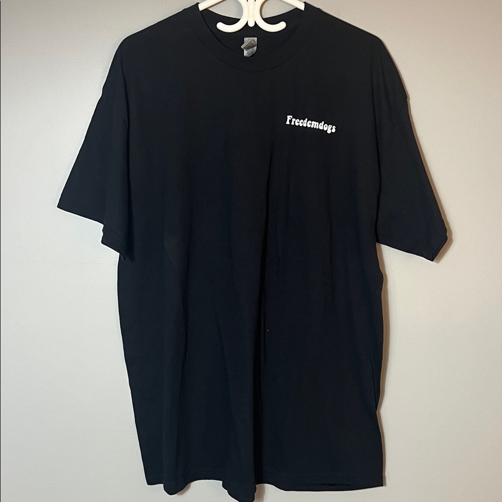 Gildan Black Tee with Bold White Lettering “Freedom Dogs” & “F*ck Puppy Mills”